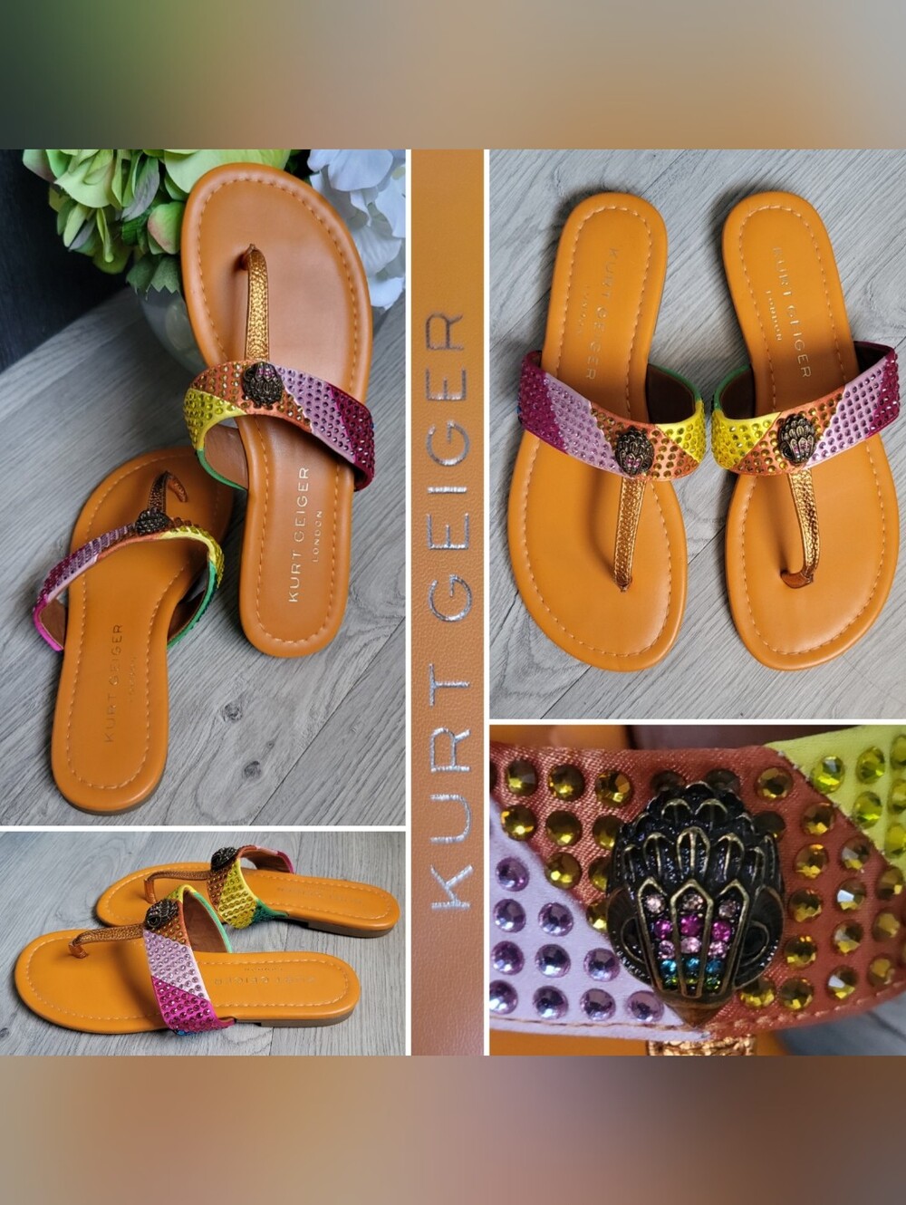 Kurt Geiger London Kensington T-Bar Orange Sandal with Rainbow Strap, US 7 EU 37